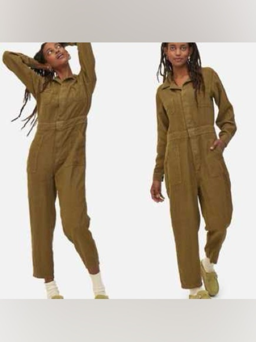 MATE The Label Long Sleeve Olive Linen Jumpsuit Medium